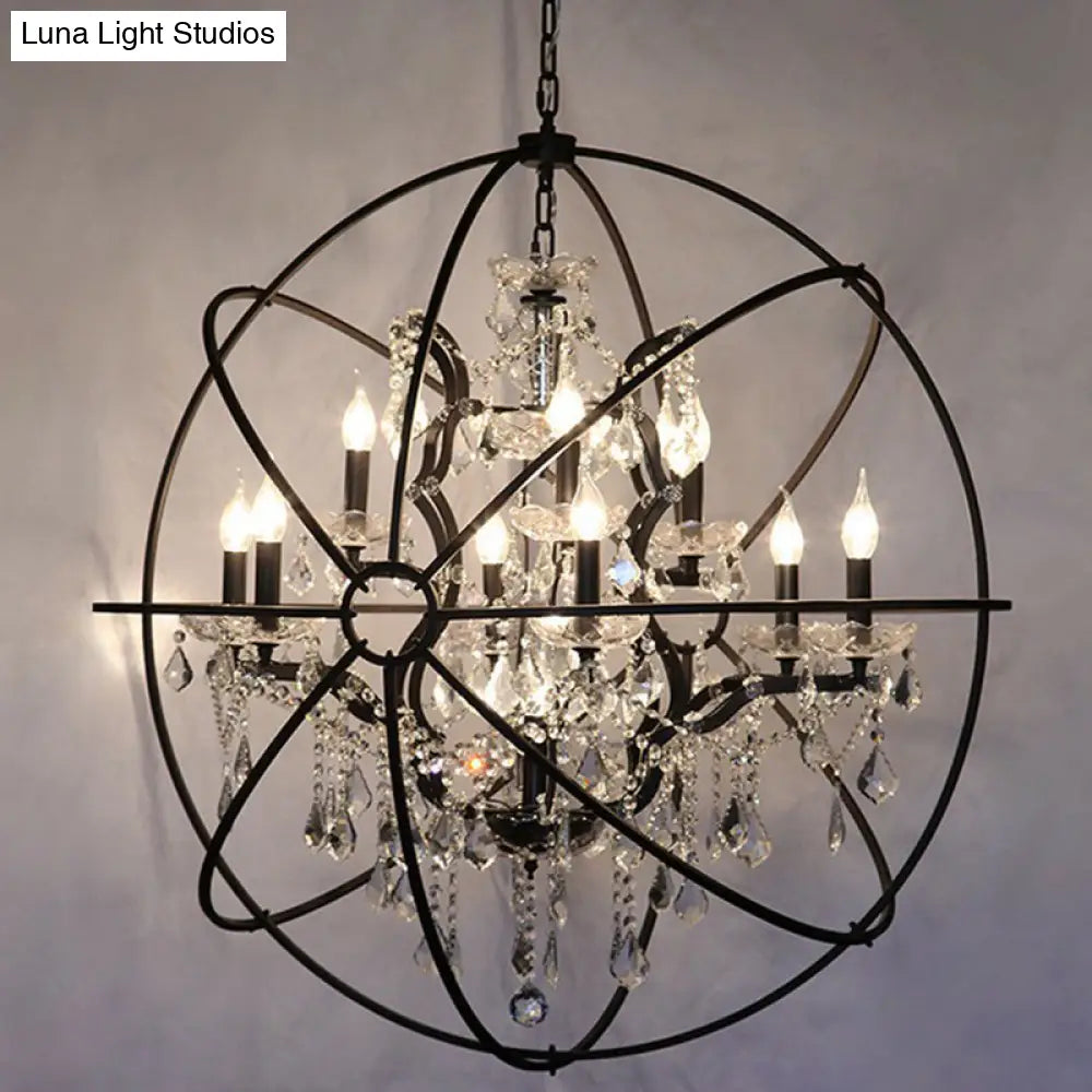 Rustic Black Metal Chandelier With Crystal Decorations - Elegant Hanging Light