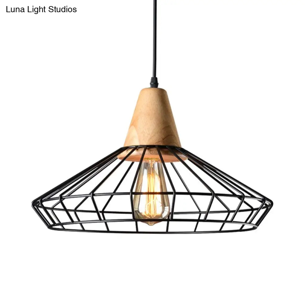 Rustic Black Metal Pendant Light With Wooden Socket - Commercial Grade 1-Light Caged Hanging Fixture