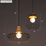 Rustic Black Metal Pendant Light With Wooden Socket - Commercial Grade 1-Light Caged Hanging Fixture