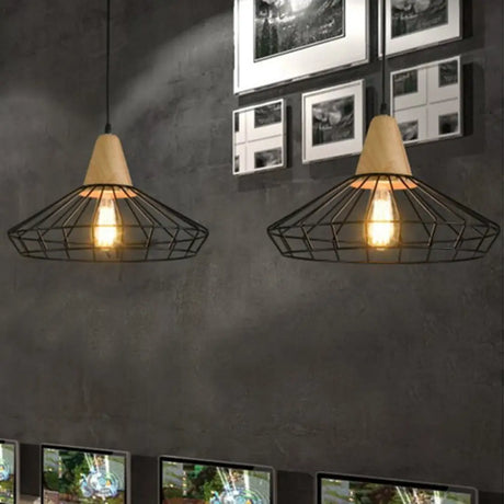Rustic Black Metal Pendant Light With Wooden Socket - Commercial Grade 1-Light Caged Hanging