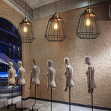 Rustic Black Metal Pendant Light With Wooden Socket - Commercial Grade 1-Light Caged Hanging