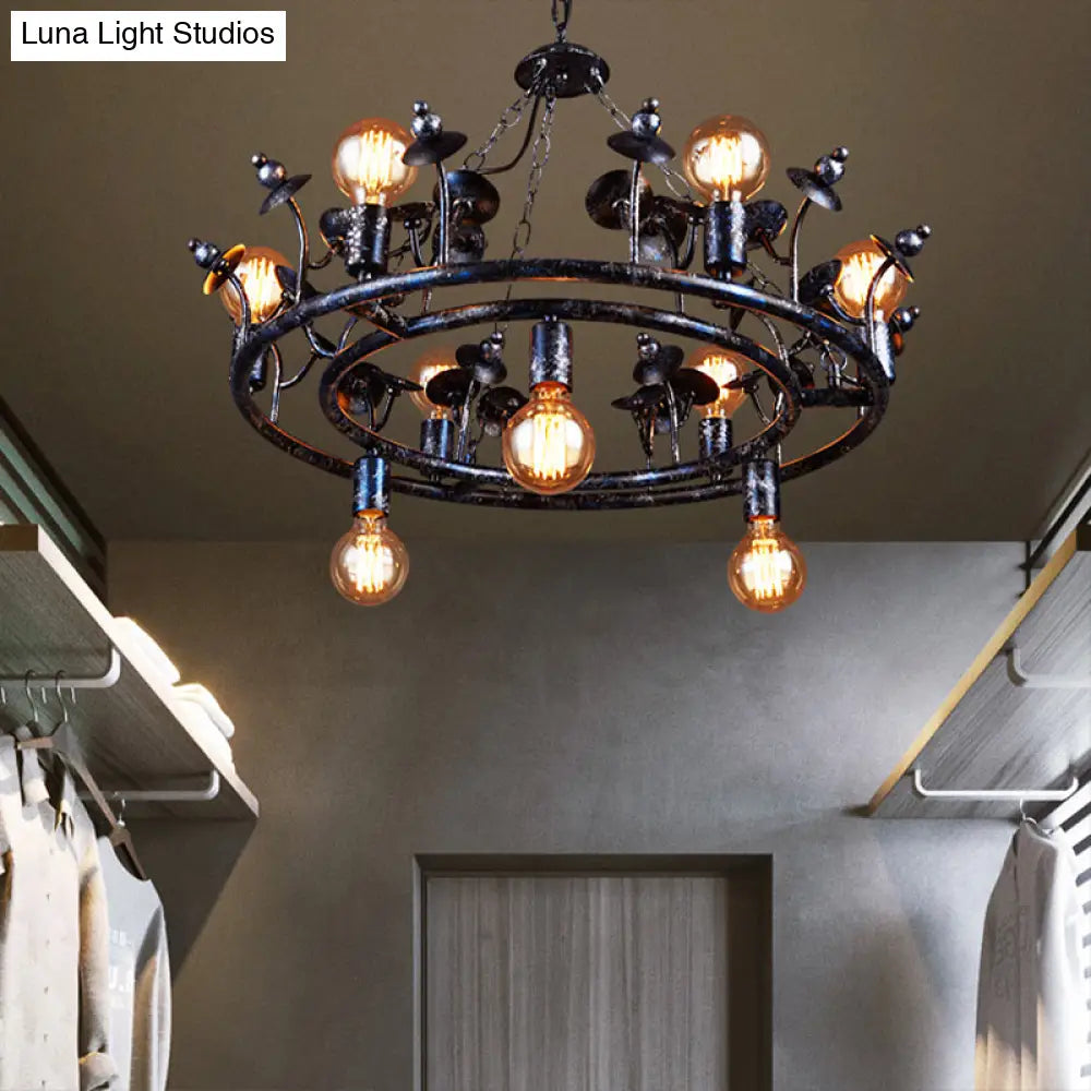 Rustic Black Metal Round Chandelier Pendant Light With Multiple Open Bulbs
