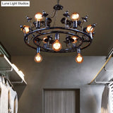 Rustic Black Metal Round Chandelier Pendant Light With Multiple Open Bulbs