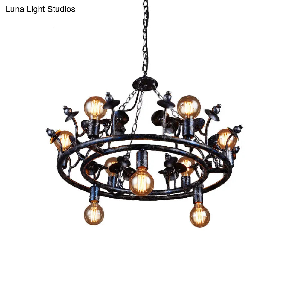 Rustic Black Metal Round Chandelier Pendant Light With Multiple Open Bulbs