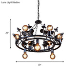 Rustic Black Metal Round Chandelier Pendant Light With Multiple Open Bulbs