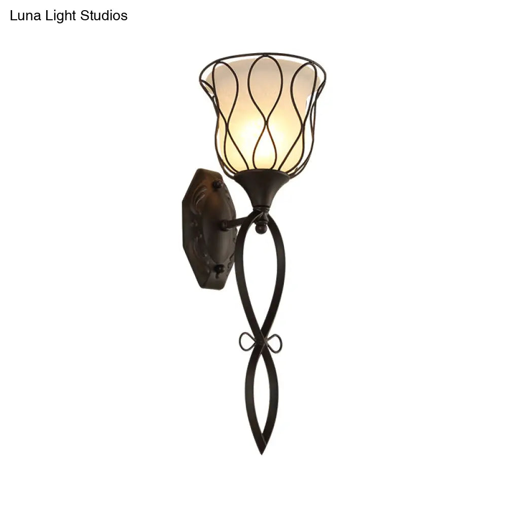 Rustic Black Metal Wall Lamp With Opal Glass Shade - Bell Sconce Light Fixture 1