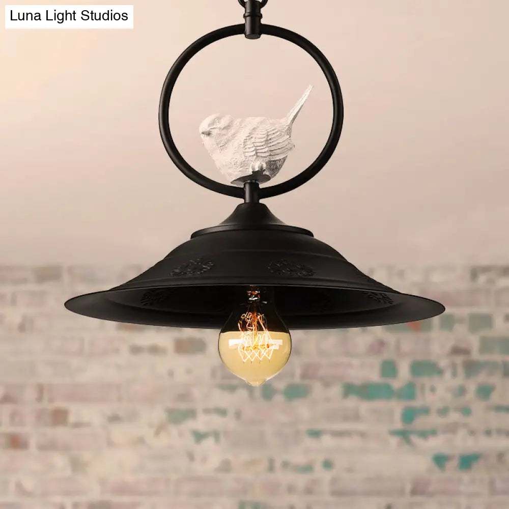 Lodge Style Black Metallic Pendant Lamp With Bell Design And Bird Accent - 1-Light Ceiling Hanging