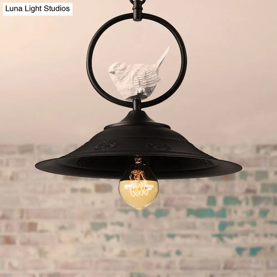 Lodge Style Black Metallic Pendant Lamp With Bell Design And Bird Accent - 1-Light Ceiling Hanging
