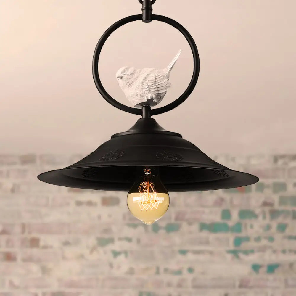 Rustic Black Metallic Pendant Lamp With Bird Accent And Bell Design