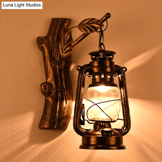 Rustic Black Oil Lantern Wall Sconce - Clear Glass 1 Head For Corridor Lighting