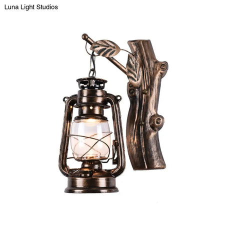 Rustic Black Oil Lantern Wall Sconce - Clear Glass 1 Head For Corridor Lighting