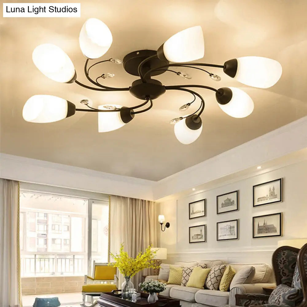 Rustic Black Opal Glass Semi Flush Ceiling Light With Floral Swirl Design - Ideal For Living Room