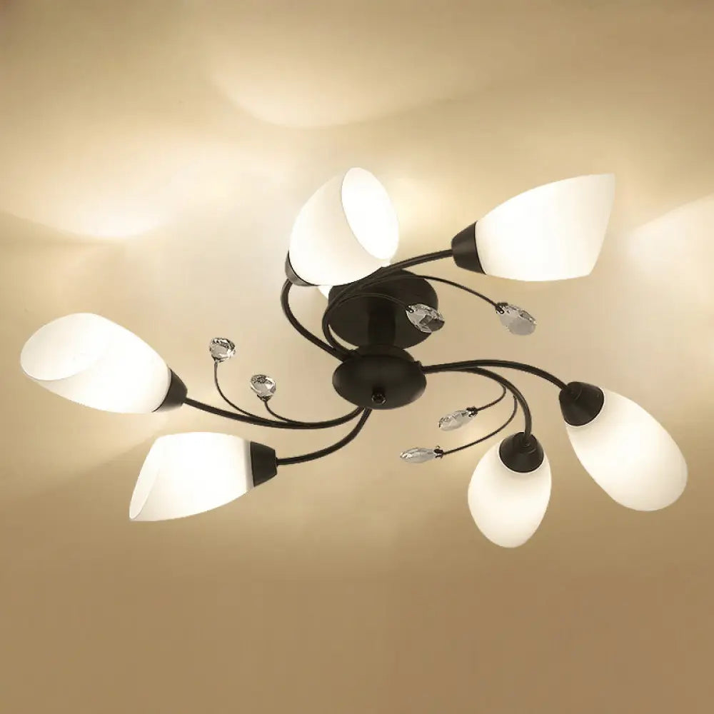 Rustic Black Opal Glass Semi Flush Ceiling Light Fixture With Floral Swirl Design - Ideal For