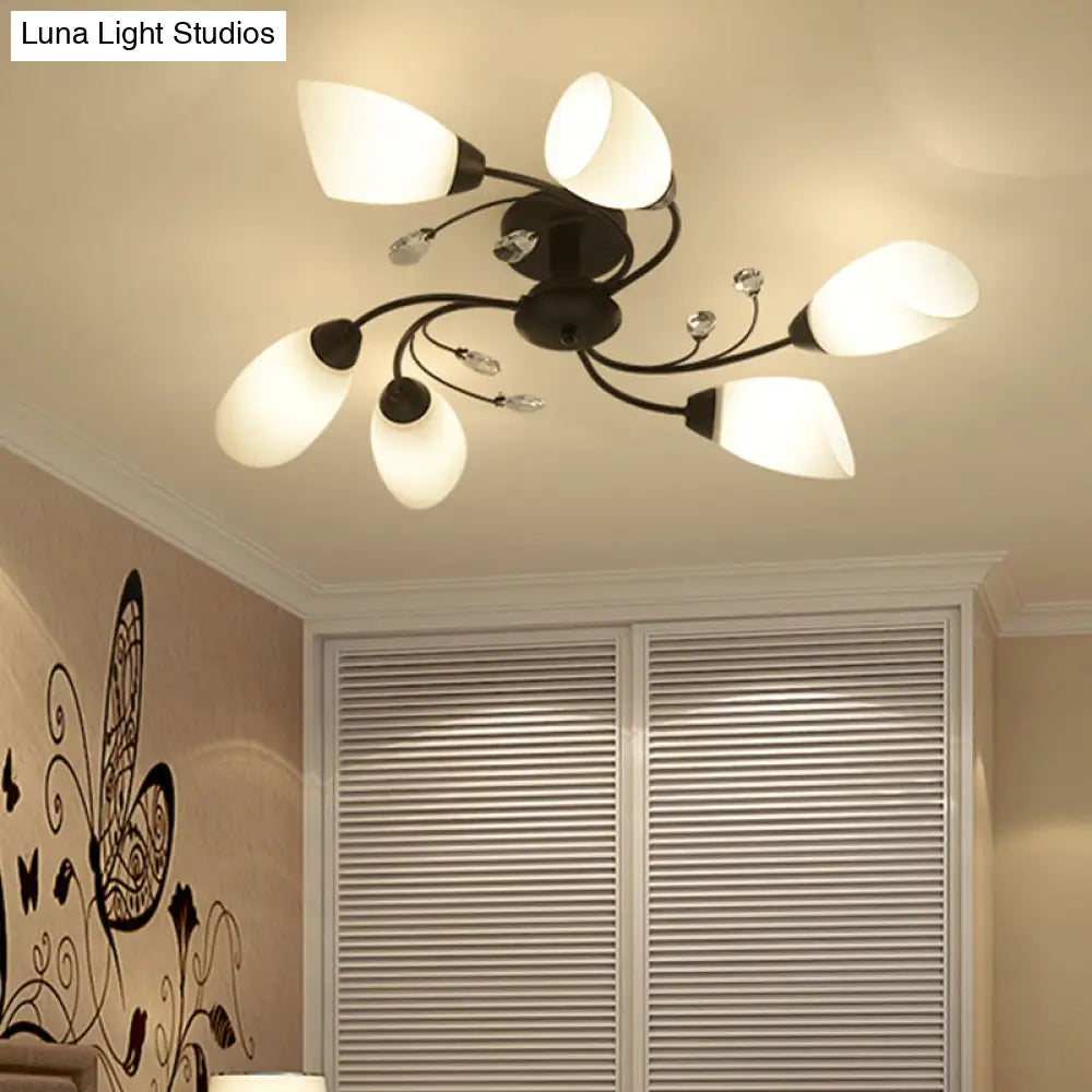Rustic Black Opal Glass Semi Flush Ceiling Light With Floral Swirl Design - Ideal For Living Room