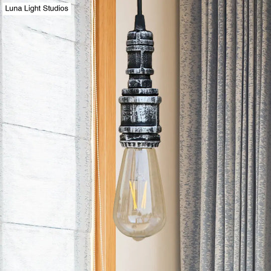 Rustic Style 1-Light Bare Bulb Hanging Light With Wrought Iron Ceiling Fixture - Ideal For Bathrooms