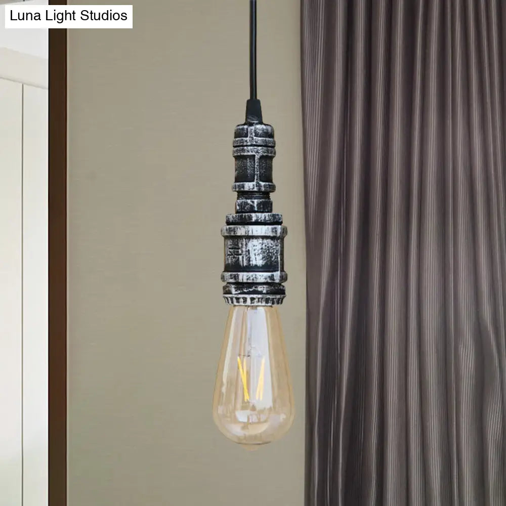 Rustic Black/Silver Wrought Iron Bare Bulb Hanging Light Fixture With Pipe - Bathroom Ceiling