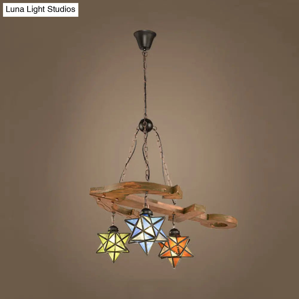 Rustic Black Star Hanging Chandelier - Adjustable Glass Shades With Anchored Metal Chain 3 Lights