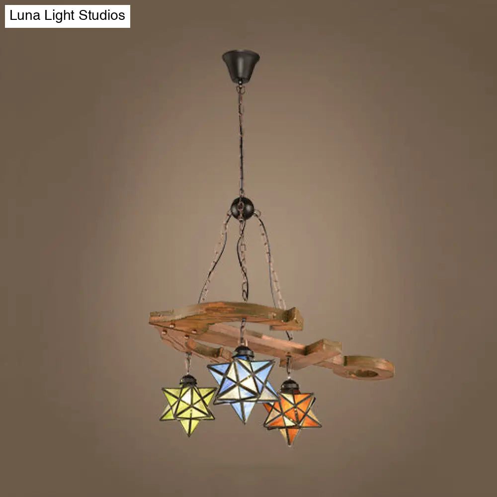 Rustic Black Glass Chandelier - 3 Light Star Hanging Lamp With Anchor & Adjustable Metal Chain