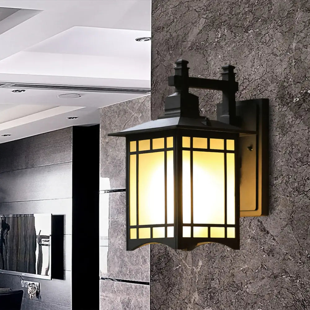 Rustic Black Tokyo Pavilion Sconce Outdoor Wall Lamp With Milk Frosted Glass