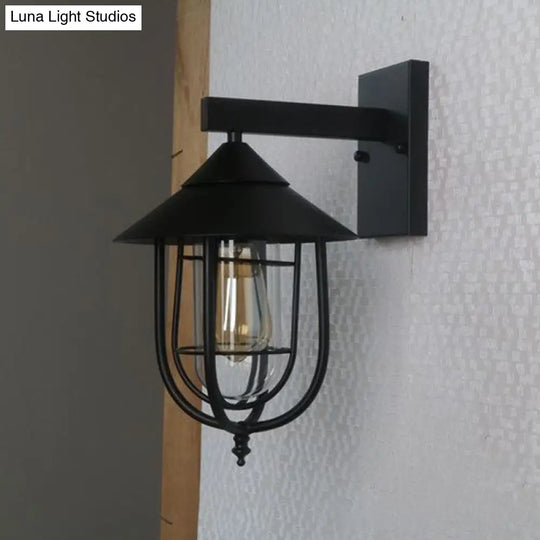 Rustic Black Wall Mounted Light With Single Metal Cage Half-Capsule Aisle Lamp