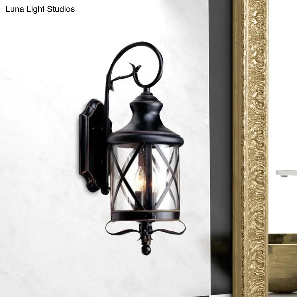 Rustic Black Wall Sconce Lamp - Clear Seeded Glass Jar Shape Ideal For Garden Lighting