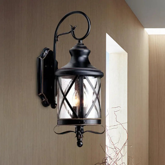 Rustic Black Wall Sconce Lamp - Clear Seeded Glass Jar Shape Ideal For Garden Lighting