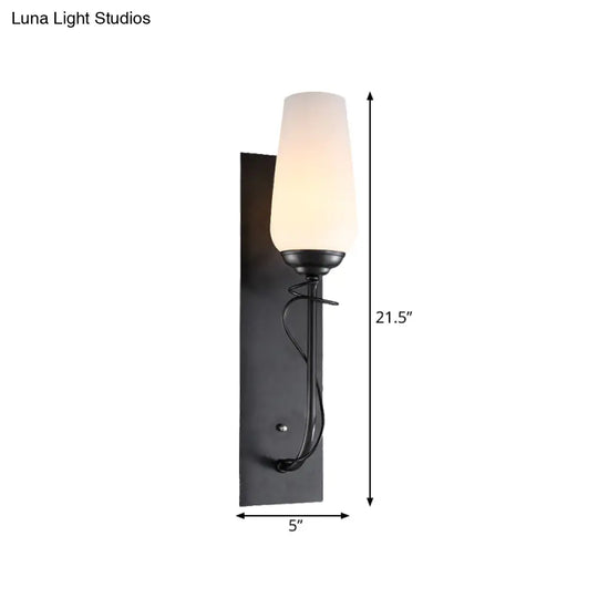 Rustic Black Wall Sconce Lamp: Single Light Conical White Glass Fixture