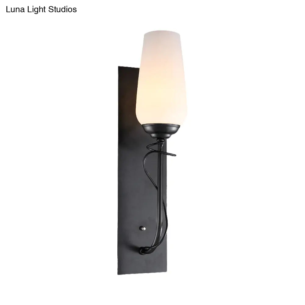 Rustic Black Wall Sconce Lamp: Single Light Conical White Glass Fixture