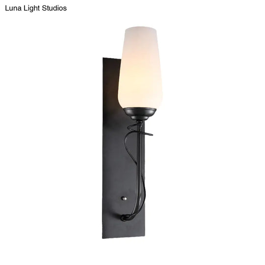 Rustic Black Wall Sconce Lamp: Single Light Conical White Glass Fixture