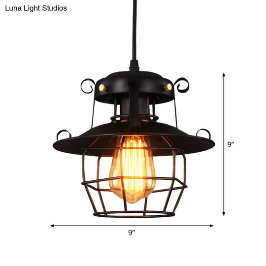 Rustic Black Wire Cage Pendant - 1-Bulb Ceiling Hanging Lantern For Dining Room Down Lighting