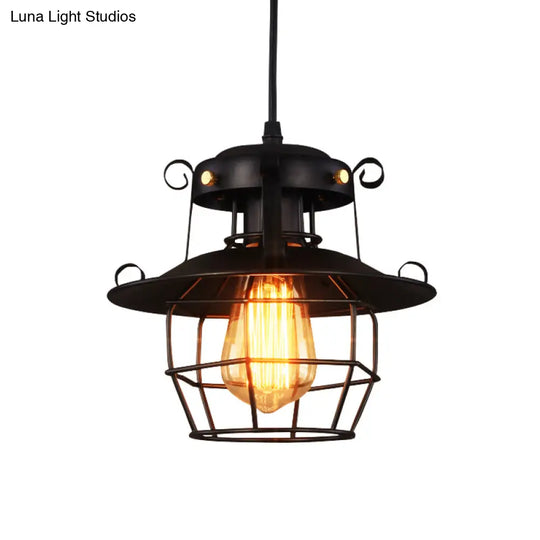 Rustic Black Wire Cage Pendant - 1-Bulb Ceiling Hanging Lantern For Dining Room Down Lighting