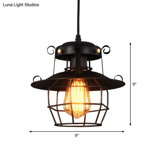 Rustic Black Wire Cage Pendant - 1-Bulb Ceiling Hanging Lantern For Dining Room Down Lighting