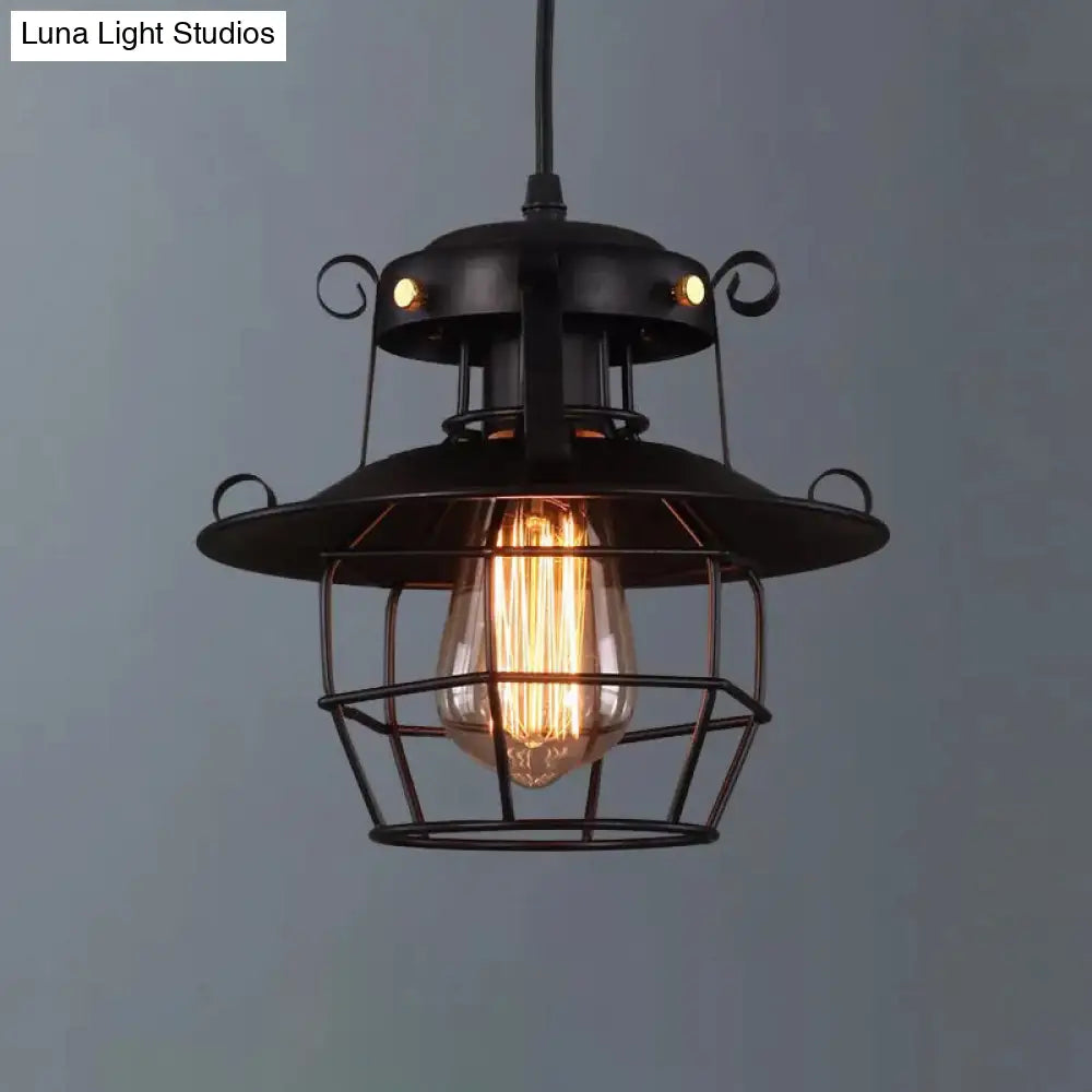 Rustic Black Wire Cage Pendant - 1-Bulb Ceiling Hanging Lantern For Dining Room Down Lighting