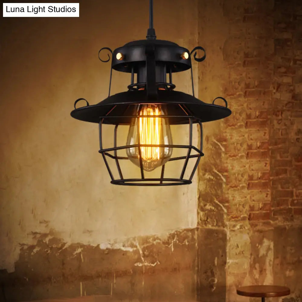 Rustic Black Wire Cage Pendant - 1-Bulb Ceiling Hanging Lantern For Dining Room Down Lighting