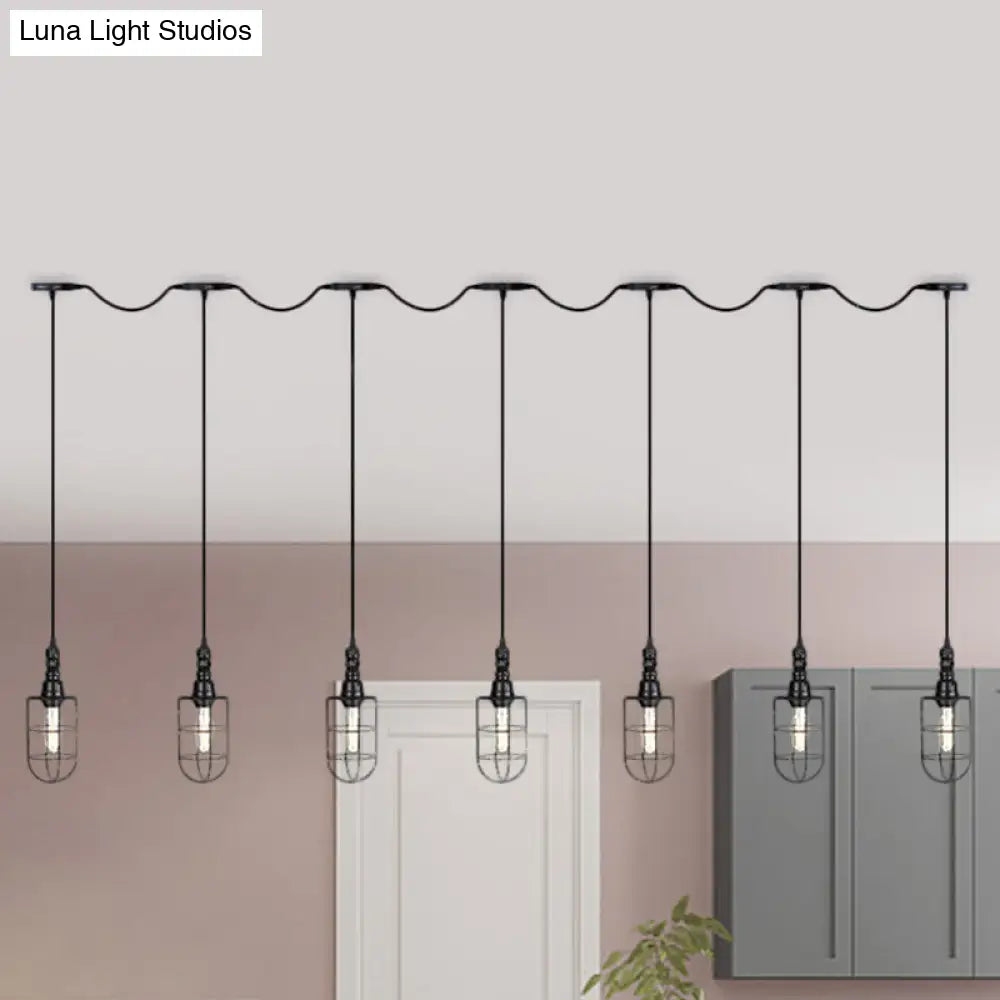 3/5/7-Head Iron Tandem Ceiling Light In Rustic Black Finish With Wire Cage - Perfect For Restaurants