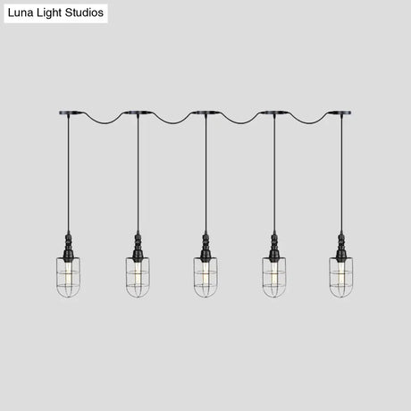 Rustic Black Wire Cage Pendant Lamp - Tandem Multi Ceiling Light Fixture With Iron Heads For