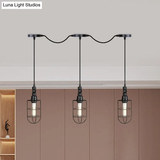 3/5/7-Head Iron Tandem Ceiling Light In Rustic Black Finish With Wire Cage - Perfect For Restaurants