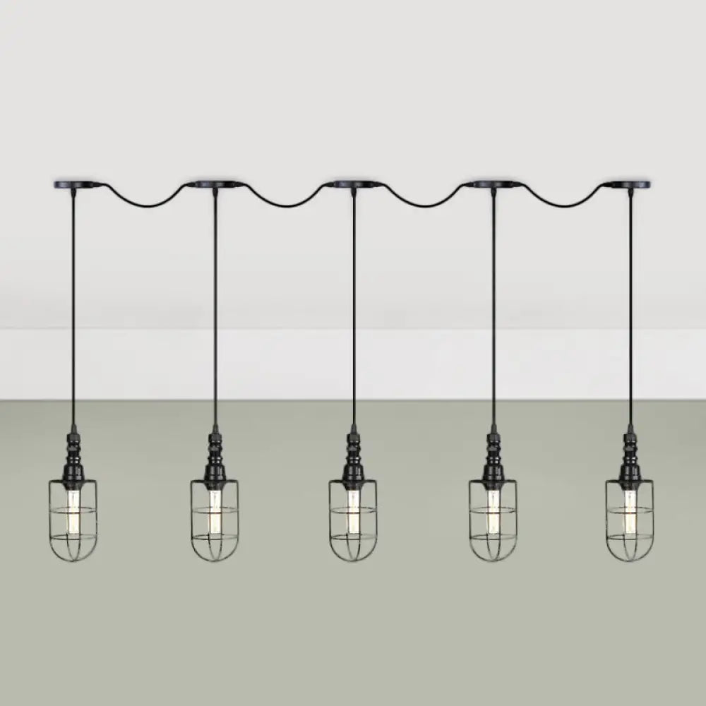 Rustic Black Wire Cage Pendant Lamp - Tandem Multi Ceiling Light Fixture With Iron Heads For