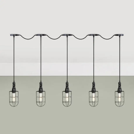 Rustic Black Wire Cage Pendant Lamp - Tandem Multi Ceiling Light Fixture With Iron Heads For