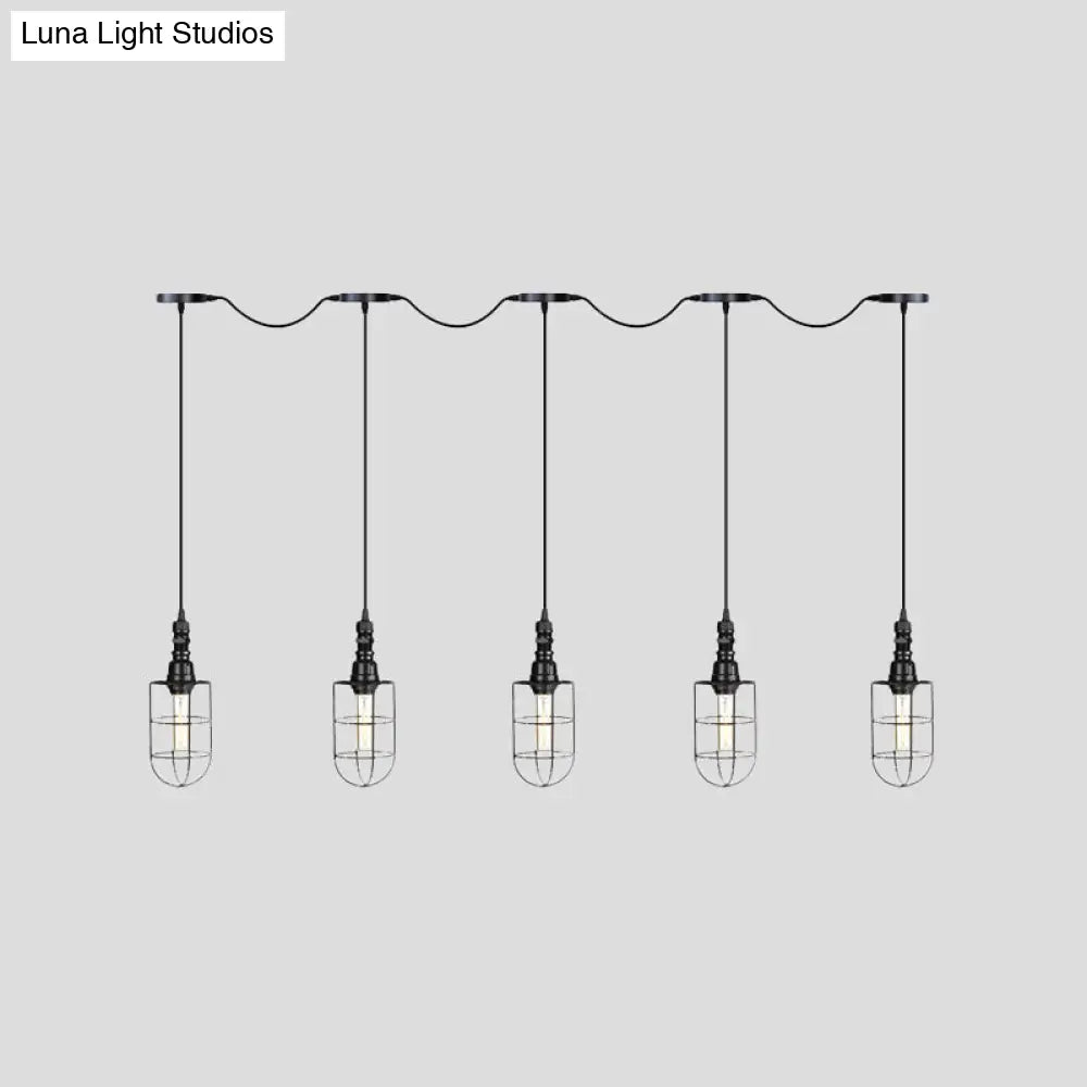 3/5/7-Head Iron Tandem Ceiling Light In Rustic Black Finish With Wire Cage - Perfect For Restaurants