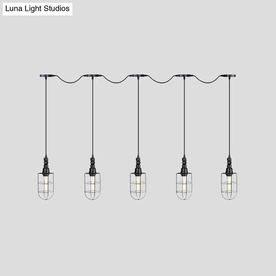 3/5/7-Head Iron Tandem Ceiling Light In Rustic Black Finish With Wire Cage - Perfect For Restaurants