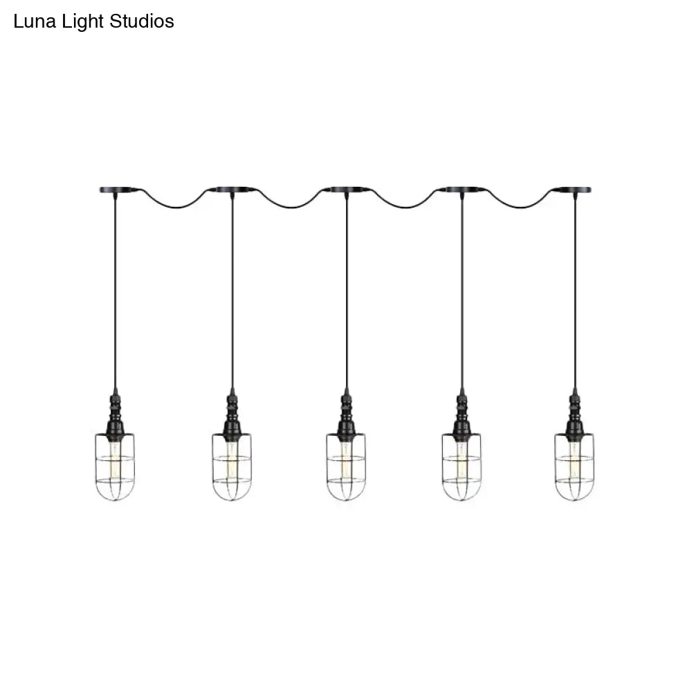 3/5/7-Head Iron Tandem Ceiling Light In Rustic Black Finish With Wire Cage - Perfect For Restaurants