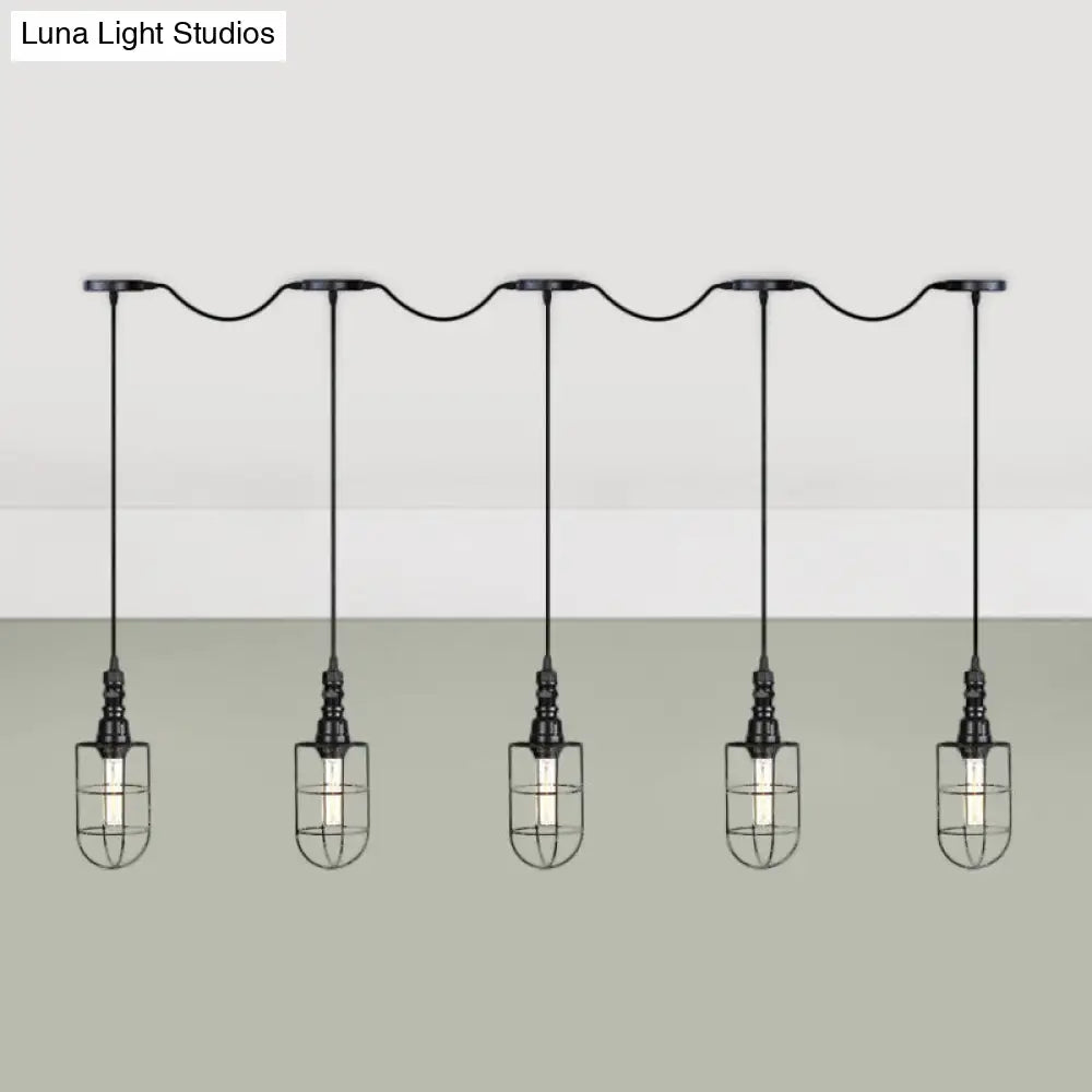 3/5/7-Head Iron Tandem Ceiling Light In Rustic Black Finish With Wire Cage - Perfect For Restaurants