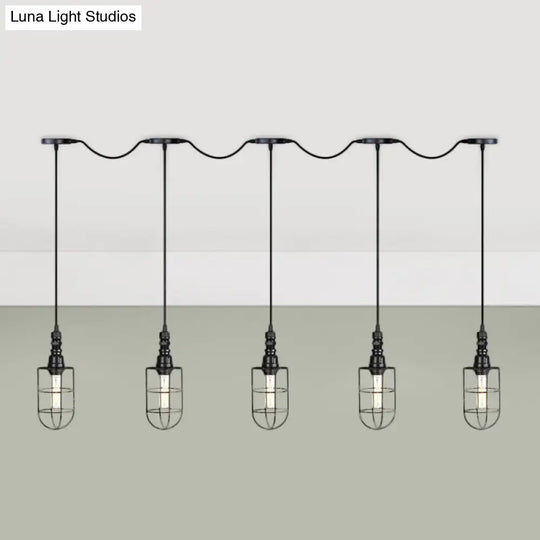 3/5/7-Head Iron Tandem Ceiling Light In Rustic Black Finish With Wire Cage - Perfect For Restaurants