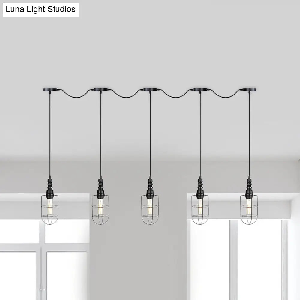 3/5/7-Head Iron Tandem Ceiling Light In Rustic Black Finish With Wire Cage - Perfect For Restaurants