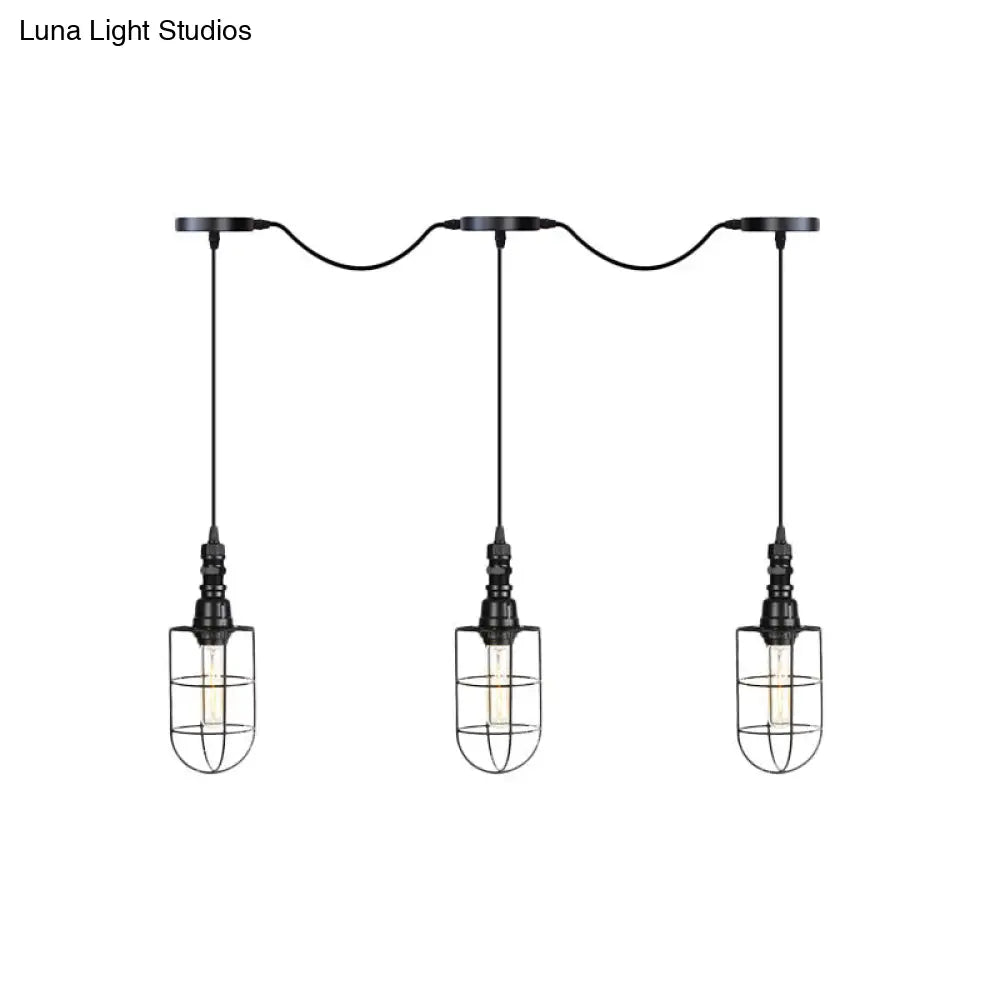 3/5/7-Head Iron Tandem Ceiling Light In Rustic Black Finish With Wire Cage - Perfect For Restaurants