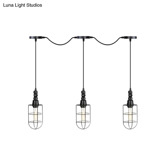 3/5/7-Head Iron Tandem Ceiling Light In Rustic Black Finish With Wire Cage - Perfect For Restaurants