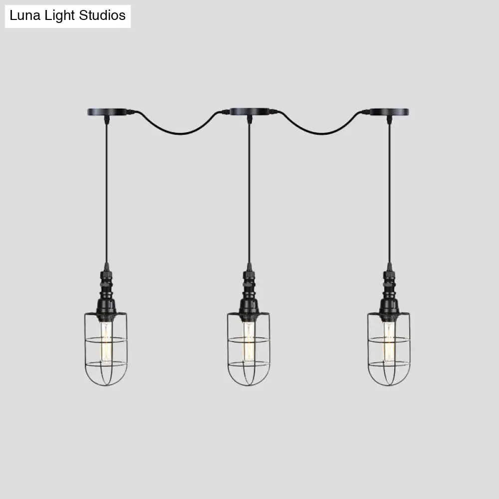 3/5/7-Head Iron Tandem Ceiling Light In Rustic Black Finish With Wire Cage - Perfect For Restaurants