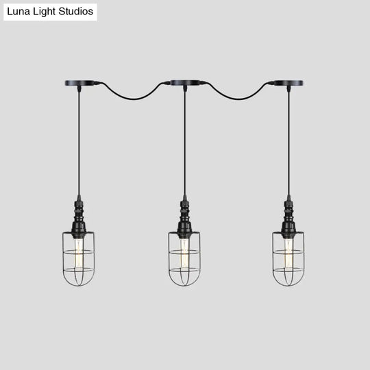 3/5/7-Head Iron Tandem Ceiling Light In Rustic Black Finish With Wire Cage - Perfect For Restaurants