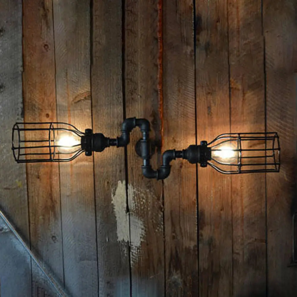 Rustic Black Wire Frame Wall Sconce Light With Pipe 2 Metal Lights - Perfect For Restaurants